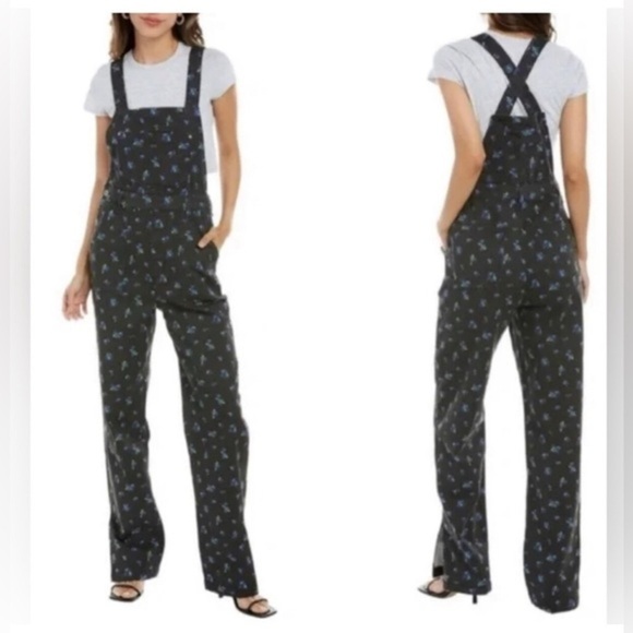 WeWoreWhat Slouchy black Watercolor‎ Ditsy Slit Overalls size medium new - Picture 1 of 10